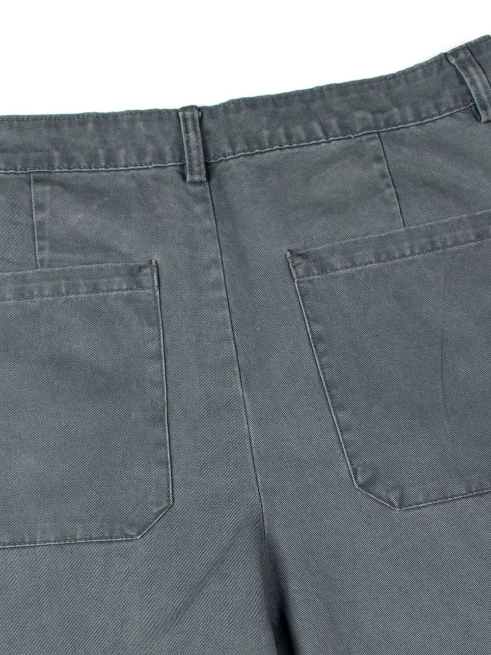 Grey cotton sweatpants with wide legs, button closure, belt loops, and back pockets.