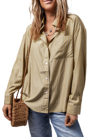 Oversized stripe oxford shirt in sage with button front and chest pocket.