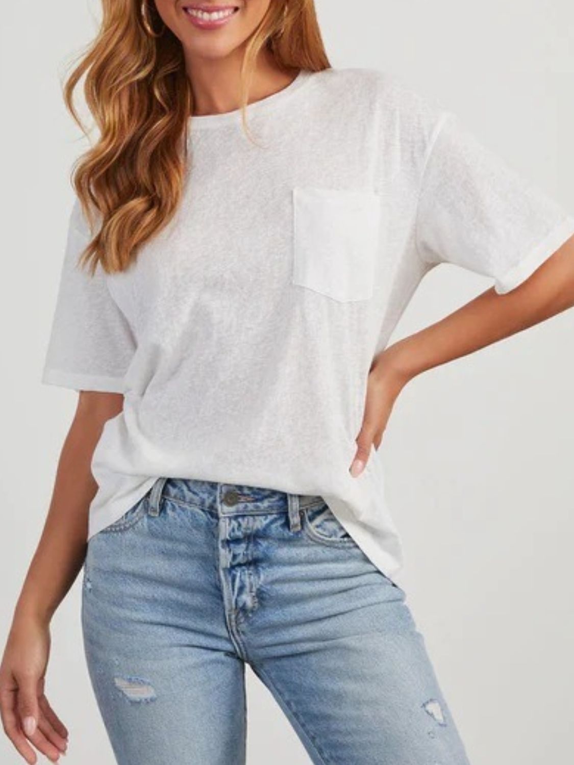 White linen boxy tee with patch pocket and crew neck