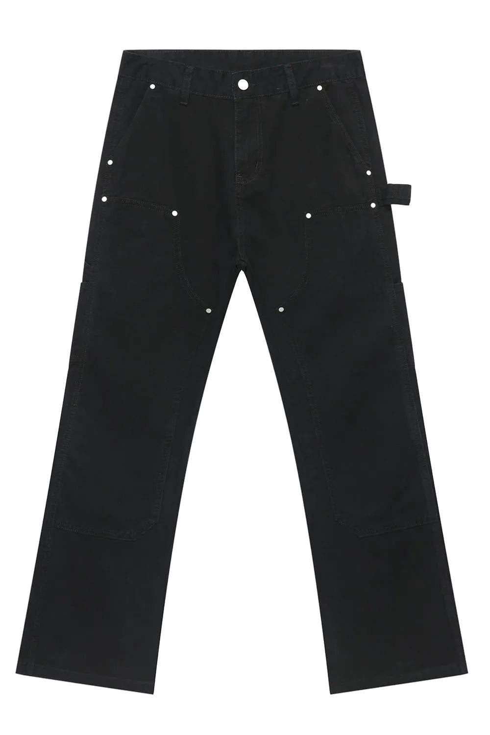 Black wide leg carpenter pants with utility pockets and silver hardware.