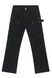 Black wide leg carpenter pants with utility pockets and silver hardware.