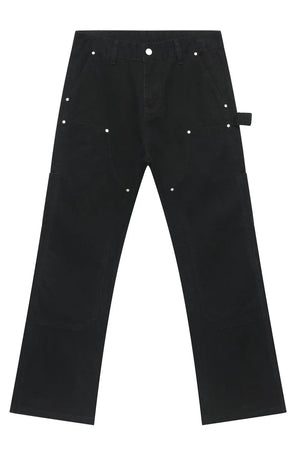Black wide leg carpenter pants with utility pockets and silver hardware.