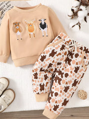 Children's Farm Animal Embroidered Top And Pants Set in Off-white, front view