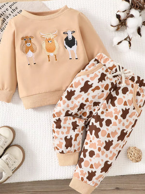 Children's Farm Animal Embroidered Top And Pants Set in Off-white, front view