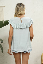 Sage green ruffle sleeve blouse with lace yoke detail and keyhole back.