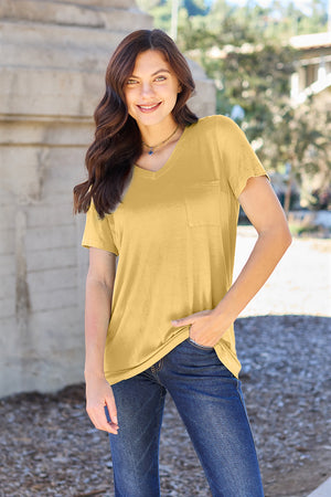 Yellow V-neck pocket tee with short sleeves and a relaxed fit.