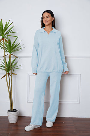Relaxed knit polo co-ord set in Misty Blue with collared neckline and wide leg pants.