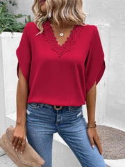 Deep Red flutter sleeve blouse with scalloped lace trim V-neck.