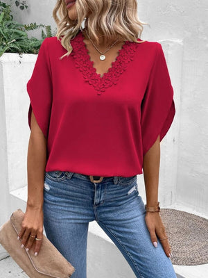 Deep Red flutter sleeve blouse with scalloped lace trim V-neck.
