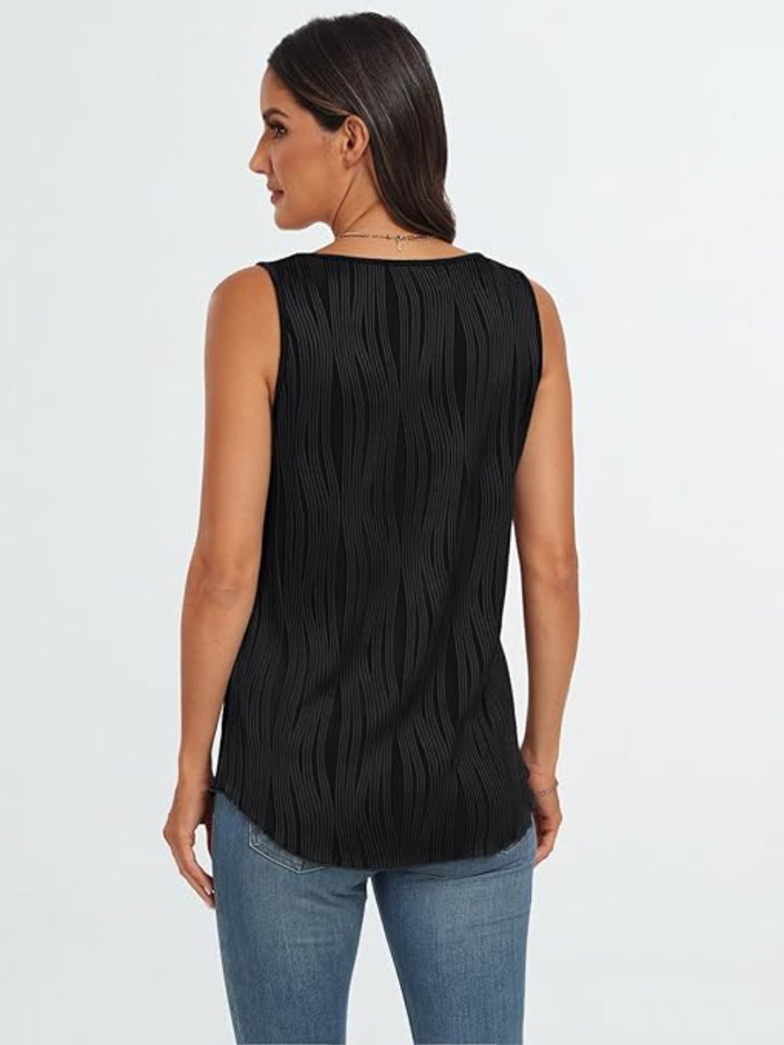 Black textured wave tank top with a scoop neck and curved hem.