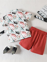 Toddler dinosaur print button-down shirt and red shorts set, cotton.