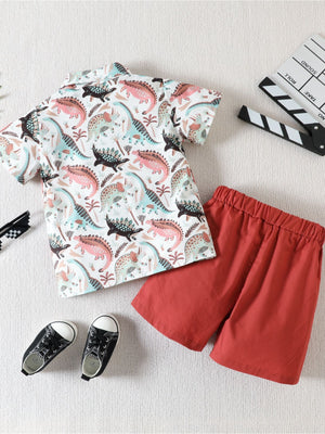 Toddler dinosaur print button-down shirt and red shorts set, cotton.