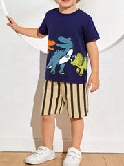 Baby boys navy short sleeve tee with dinosaur print and beige striped shorts.