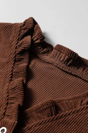 Solid Color Ruffle Trim V Neck Corduroy Jacket, alternate angle