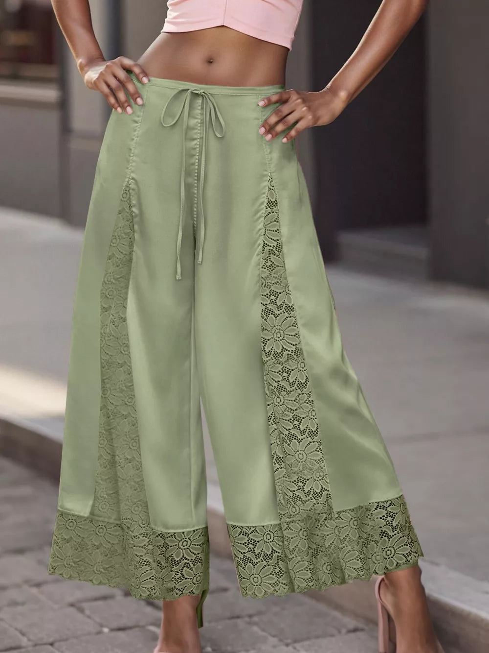 Lace Trim Wide-leg Cropped Pants in White, view 18