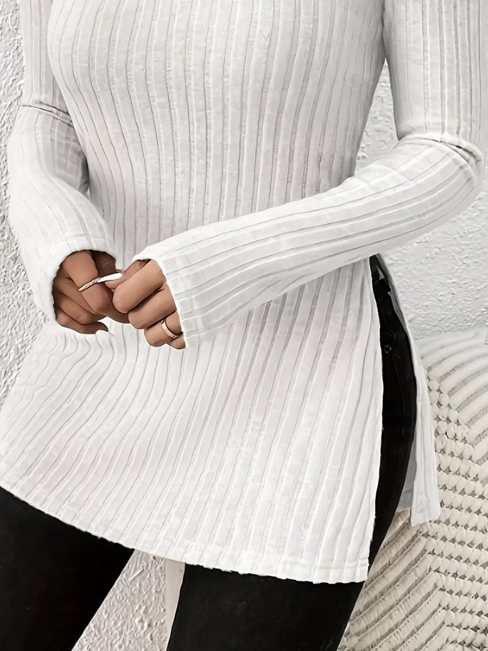 White ribbed turtleneck t-shirt with long sleeves and side slits, comfortable maternity top