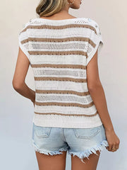 Chic openwork knit top with decorative buttons and cap sleeves, in white and khaki stripes.