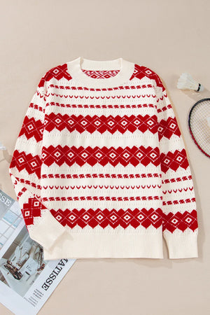 Fair Isle knit crewneck pullover sweater in white with red geometric pattern.
