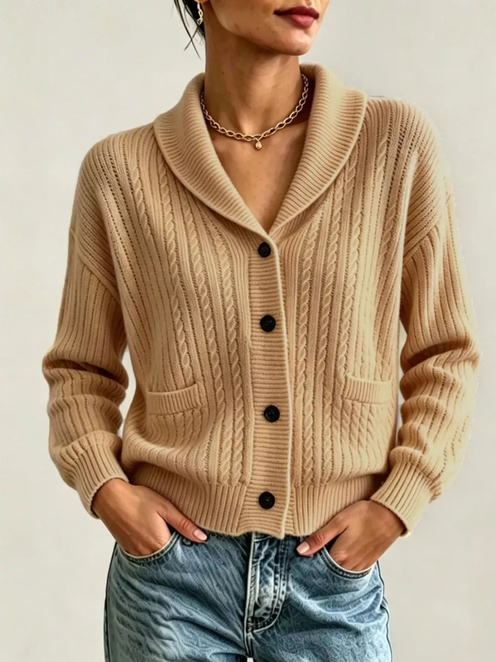 Full Size Shawl Collar Cable Knit Cardigan in White, front view