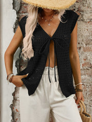 Black open-knit sleeveless cardigan with tie-front detail and V-neck