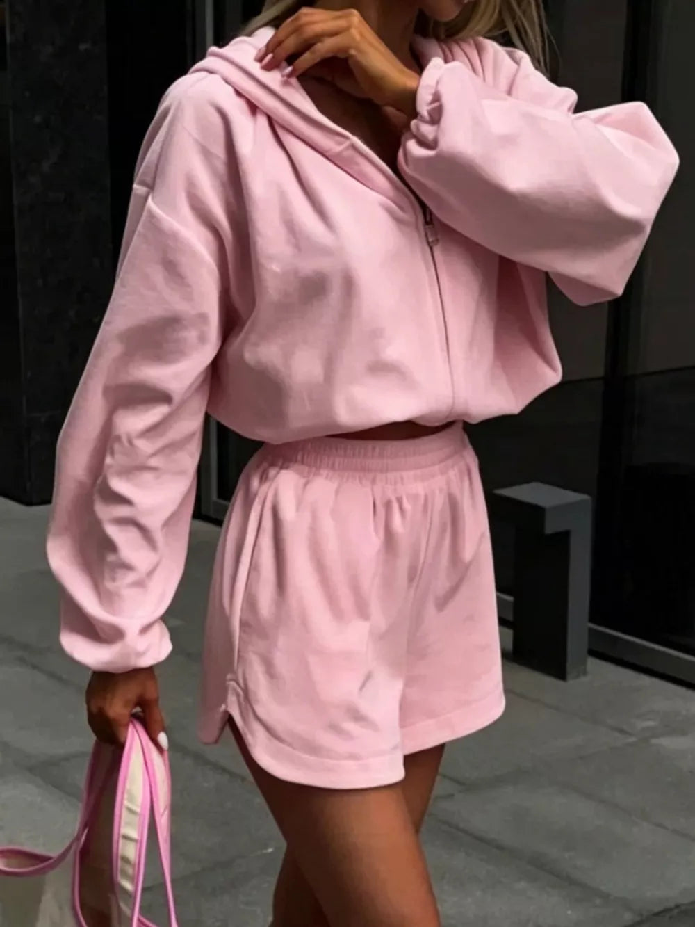 Long Sleeve Zip-up Hoodie And Shorts Set, product detail