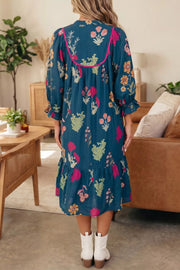 Floral Ruffled Neckline Midi Dress