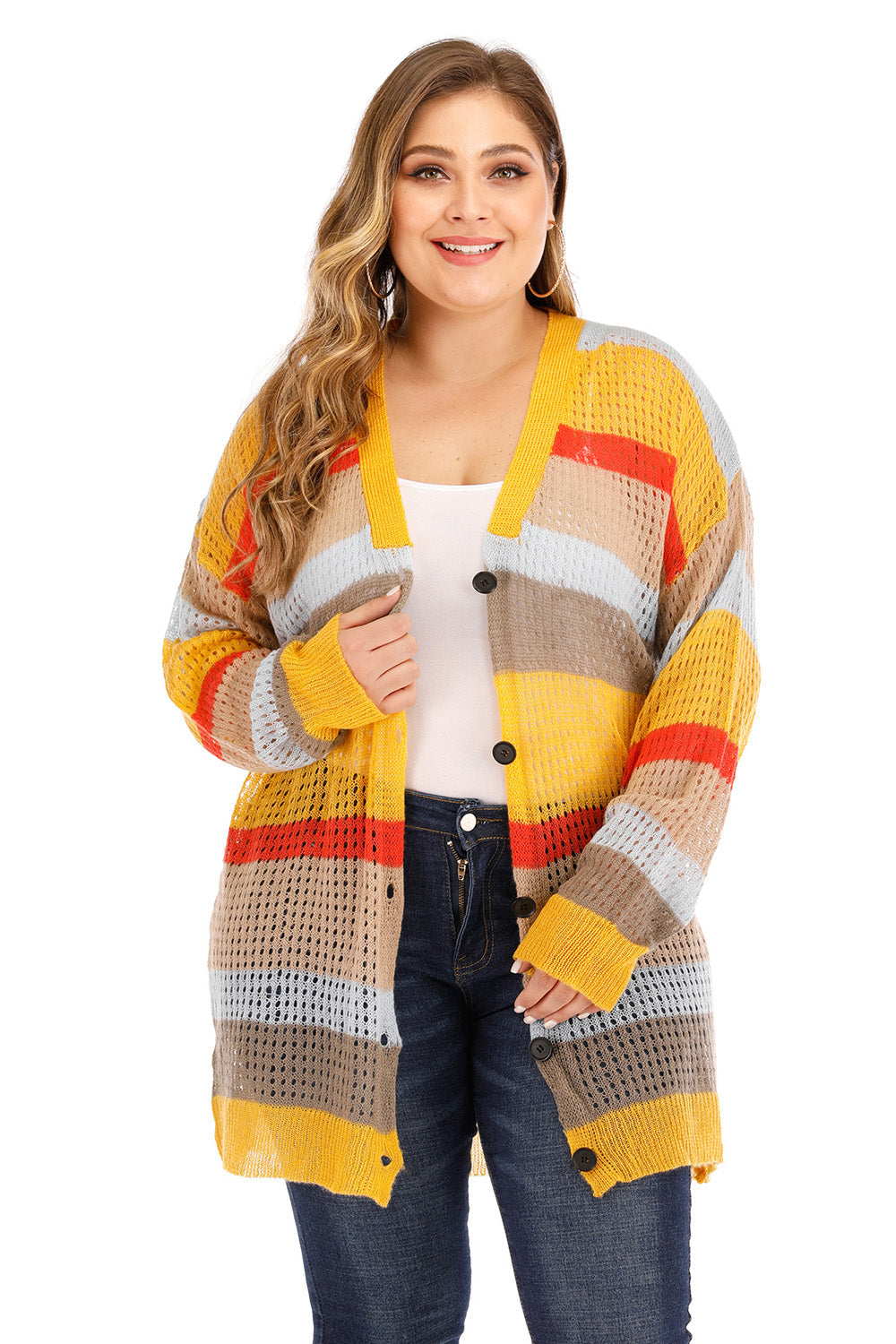 Open-knit button-down cardigan with horizontal stripes in yellow, orange, tan, and blue.