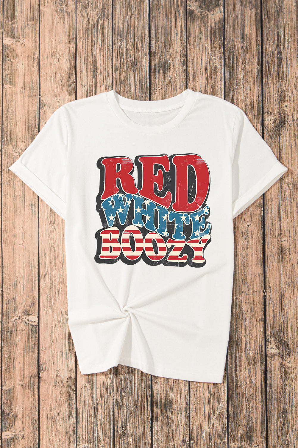 White cotton crewneck t-shirt with patriotic "Red White Boozy" graphic print