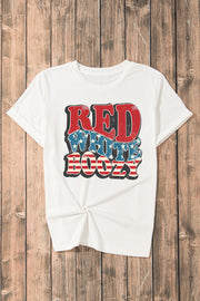 White cotton crewneck t-shirt with patriotic "Red White Boozy" graphic print