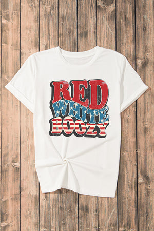 White cotton crewneck t-shirt with patriotic "Red White Boozy" graphic print