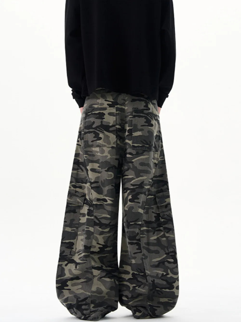 Oversized camouflage cargo sweatpants with multiple pockets and a relaxed fit.