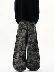 Oversized camouflage cargo sweatpants with multiple pockets and a relaxed fit.