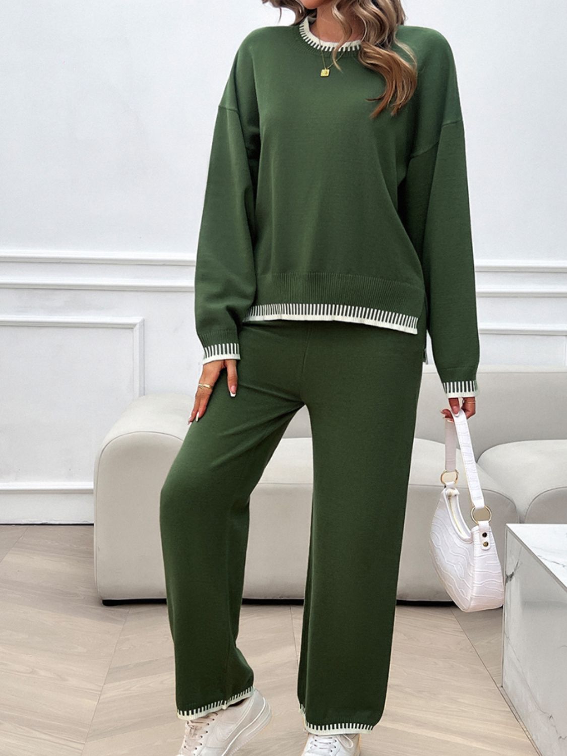 Army green knit lounge set with white ribbed trim on neckline, cuffs, and hem.