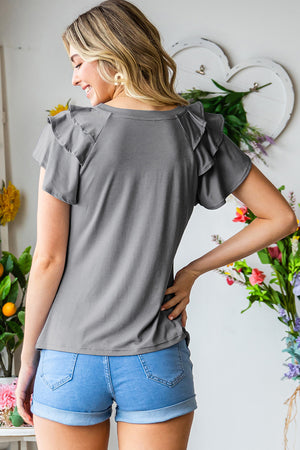 Mid Gray t-shirt with ruffled short sleeves and a scoop neck.