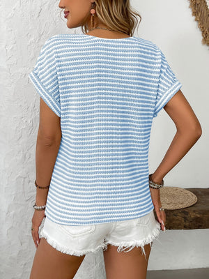Button-down knit top in light blue and white breton stripes with short sleeves.