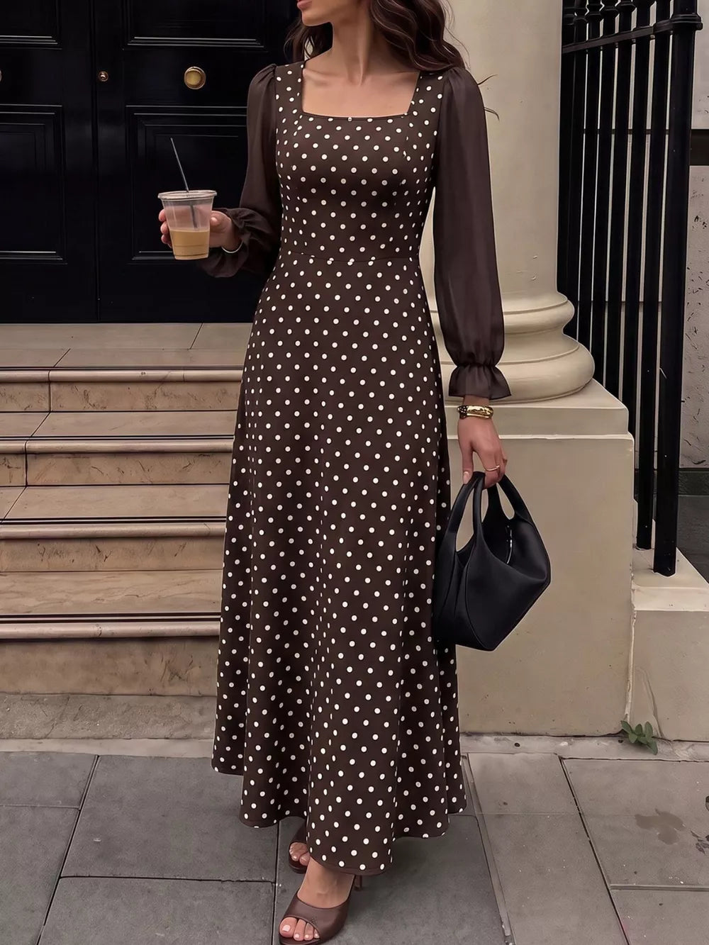 Polka Dot Square Neck Long Sleeve Maxi Dress in Brown, side view