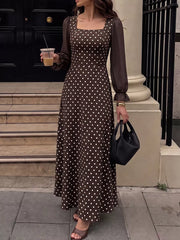 Polka Dot Square Neck Long Sleeve Maxi Dress in Brown, side view