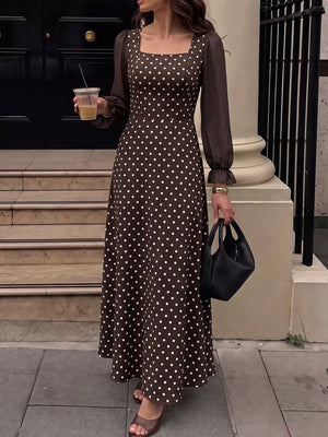 Polka Dot Square Neck Long Sleeve Maxi Dress in Brown, side view