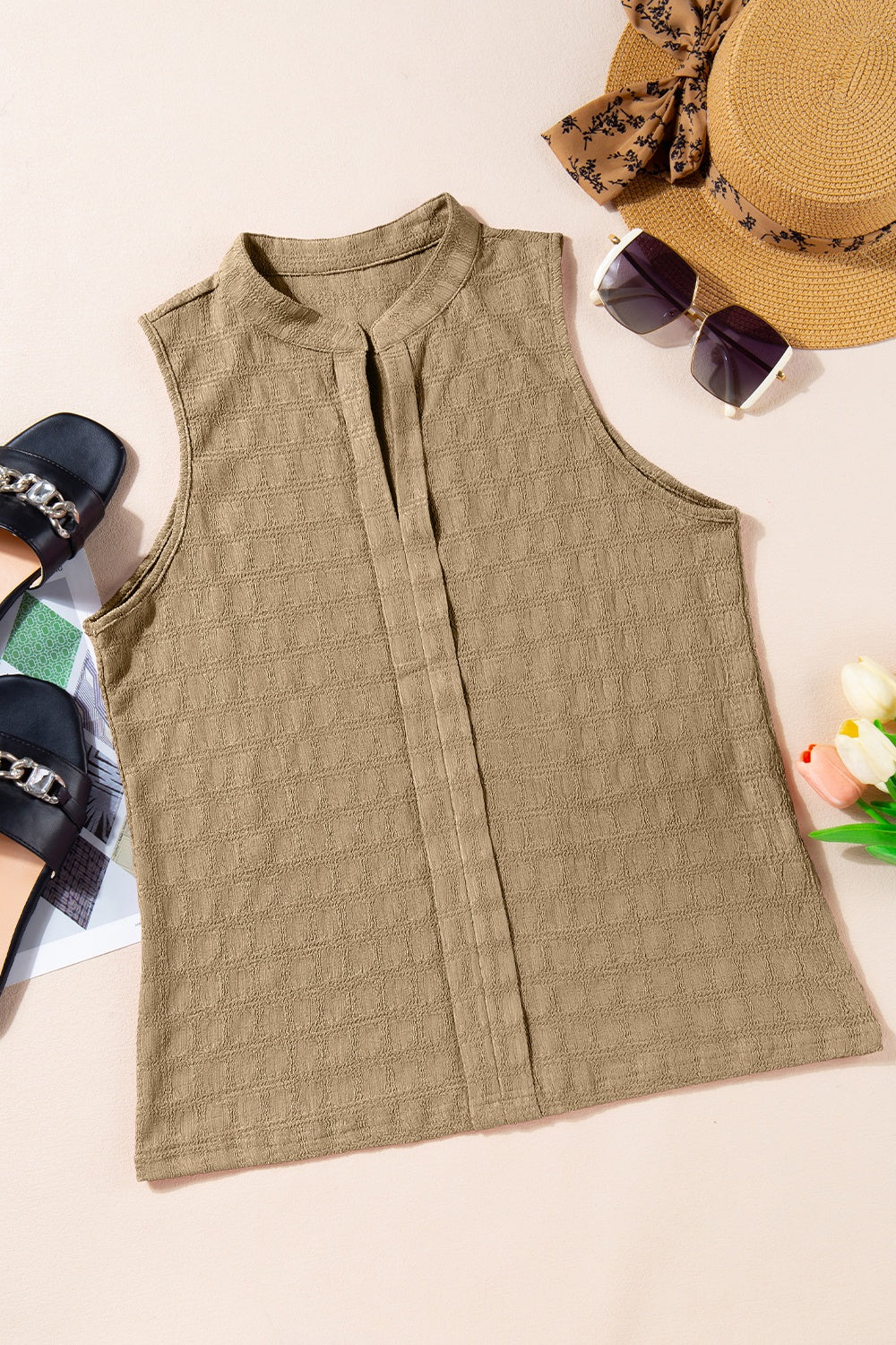 Khaki Mandarin collar tank top with textured grid pattern and button placket detail.
