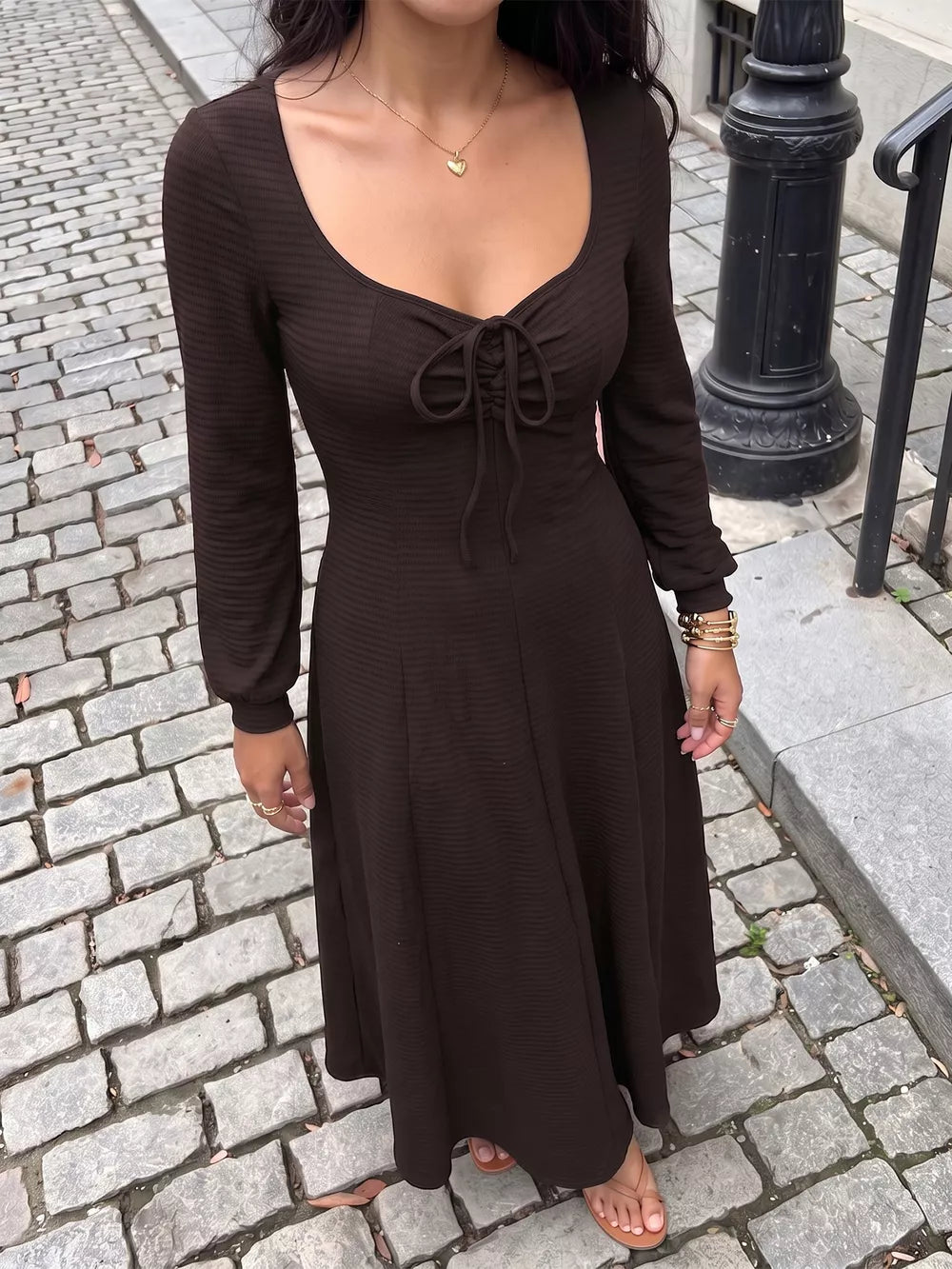 Long Sleeve Tie-front Maxi Dress in Brown, front view