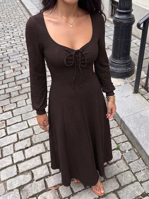 Long Sleeve Tie-front Maxi Dress in Brown, front view