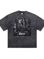 Dark gray distressed cotton crew neck t-shirt with vintage graphic print of figures and a car.