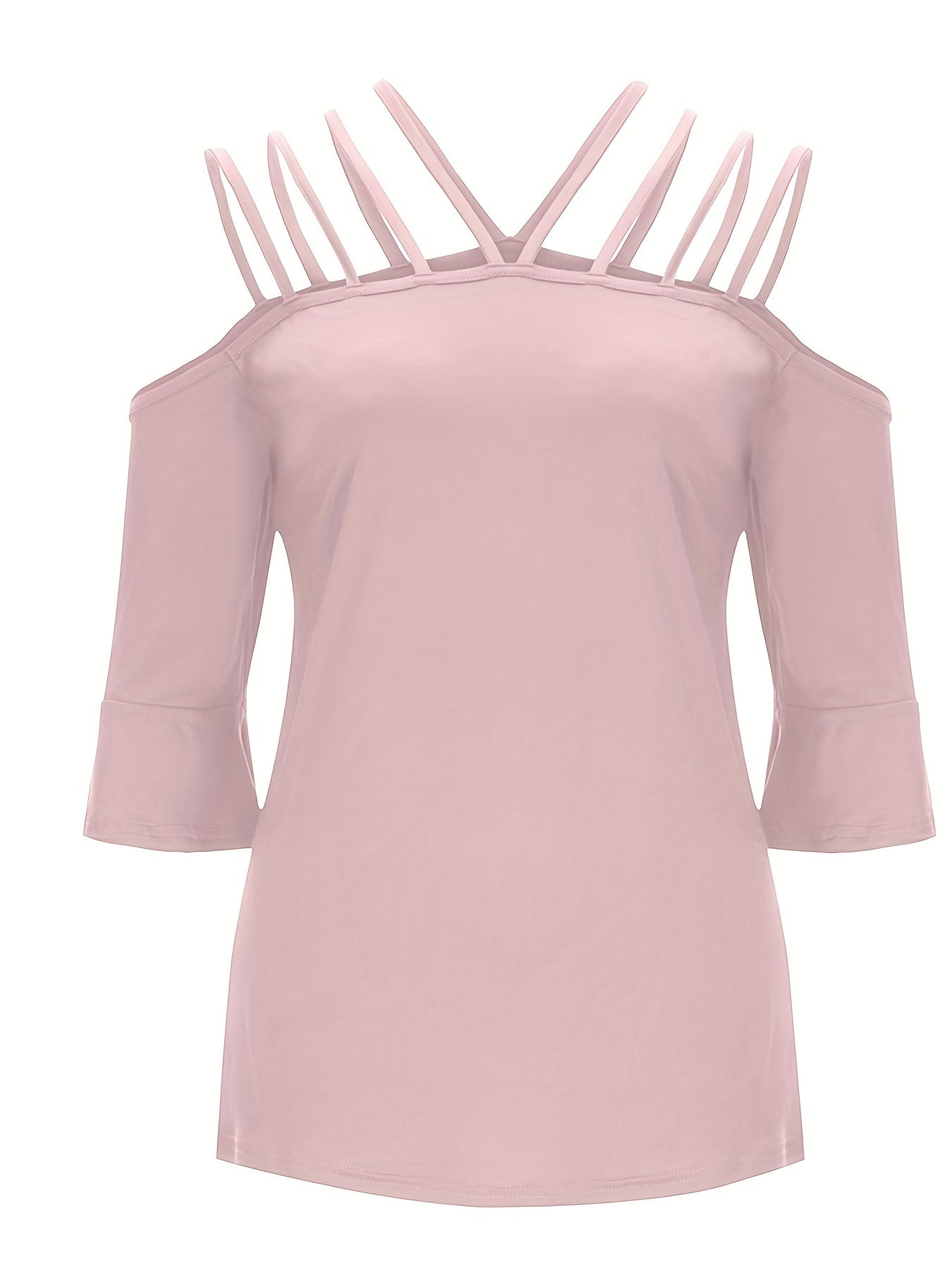 Blush pink blouson top with strappy cold shoulder and flared 3/4 sleeves.