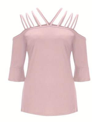 Blush pink blouson top with strappy cold shoulder and flared 3/4 sleeves.