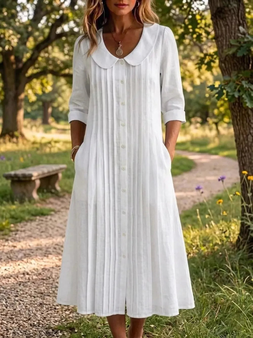 Peter Pan Collar Button Down Dress Plus Size, front view