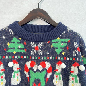Dark blue acrylic knit sweater with Christmas graphic, featuring snowmen, candy canes, and trees.