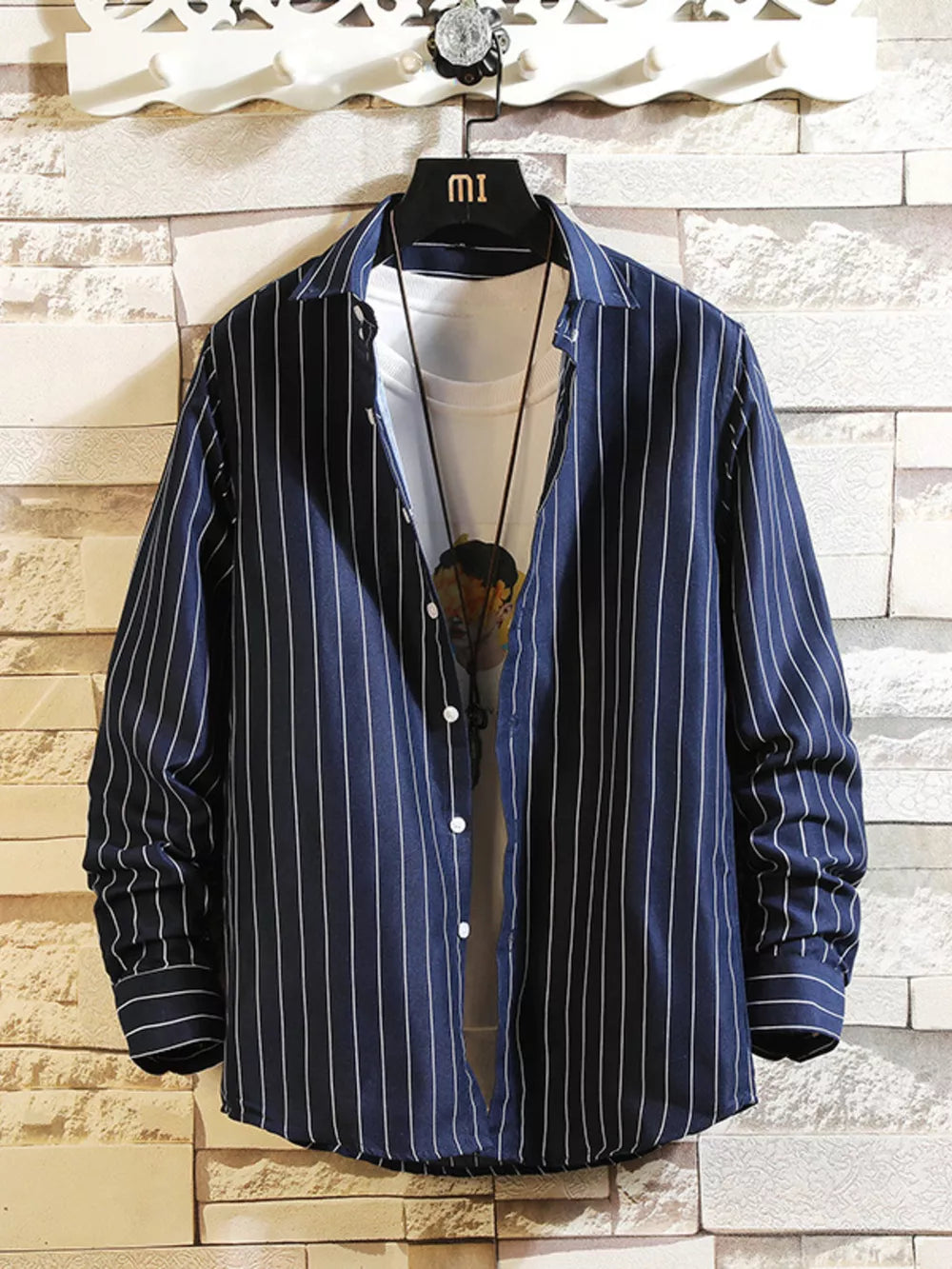 Men's Plus Size Striped Button Up Casual Shirt, fabric detail