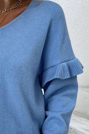 Blue knit v-neck pullover sweater with ruffled sleeve detail