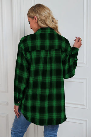 Dreamer Plaid Drop-Shoulder Jacket in dark green with buttoned cuffs and a relaxed fit.