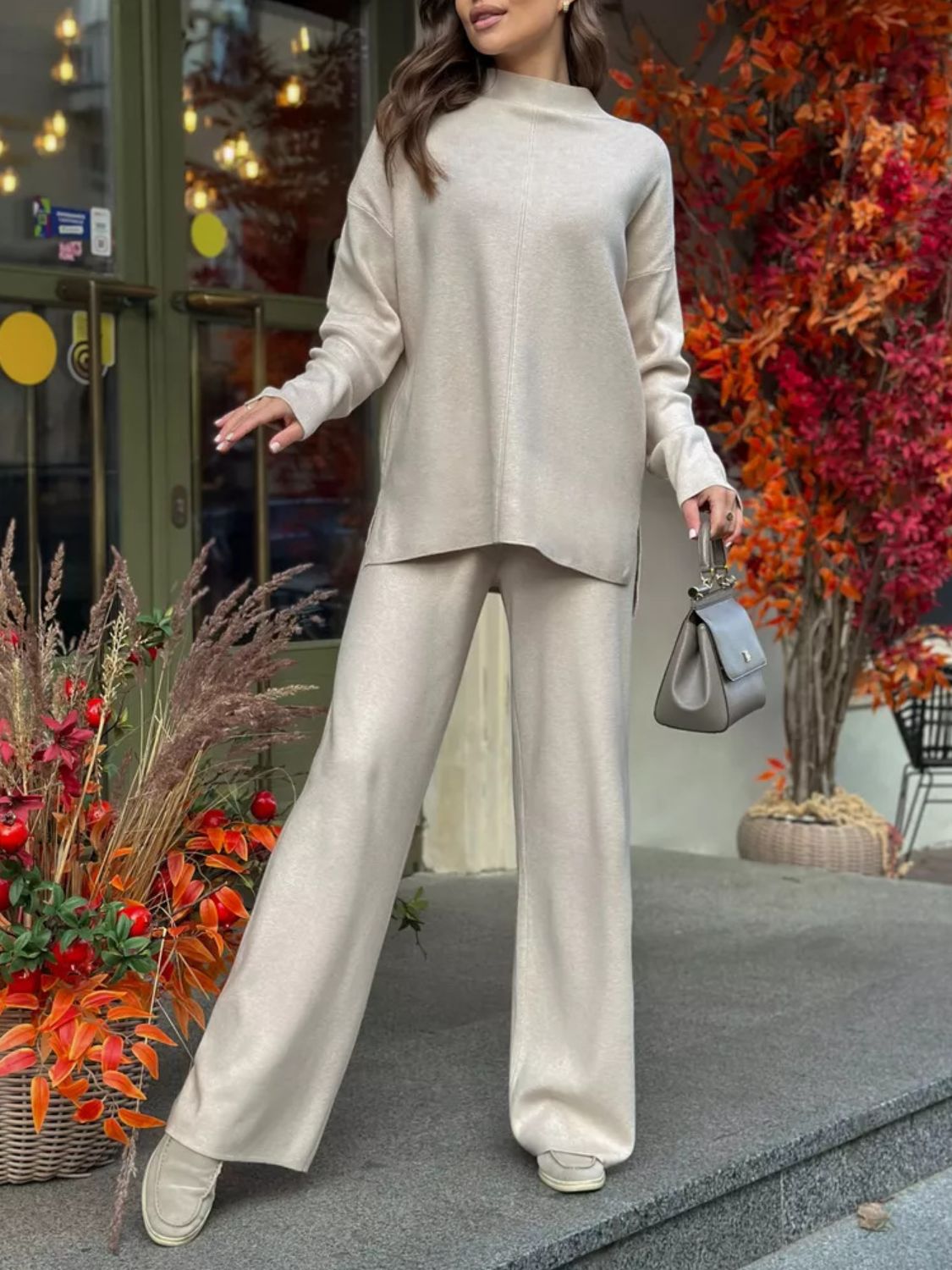 Relaxed fit knit co-ord set in Ochre with mock neck top and wide leg pants.